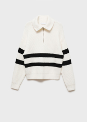Customized White and Black Striped Knit Sweater with Attached Scarf