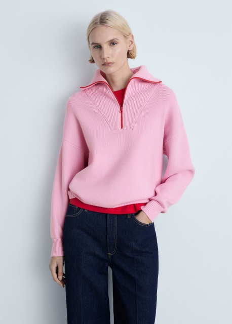 OEM ODM Pink Zip-Front Knit Sweater with Ribbed Detail