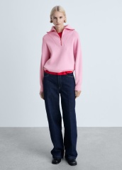 OEM ODM Pink Zip-Front Knit Sweater with Ribbed Detail