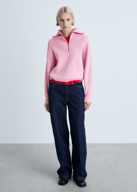 OEM ODM Pink Zip-Front Knit Sweater with Ribbed Detail