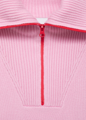 OEM ODM Pink Zip-Front Knit Sweater with Ribbed Detail