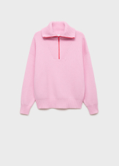 OEM ODM Pink Zip-Front Knit Sweater with Ribbed Detail