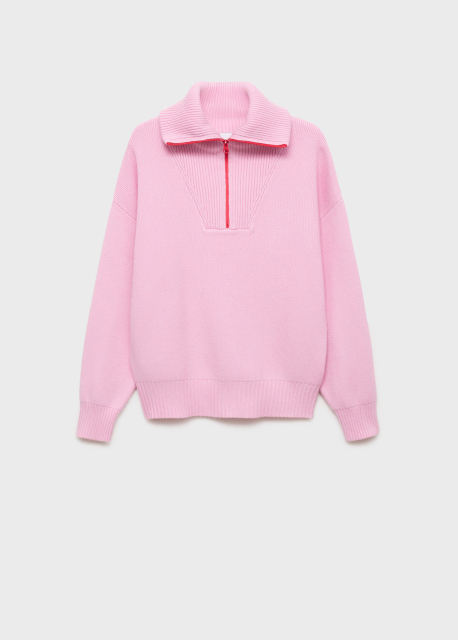 OEM ODM Pink Zip-Front Knit Sweater with Ribbed Detail