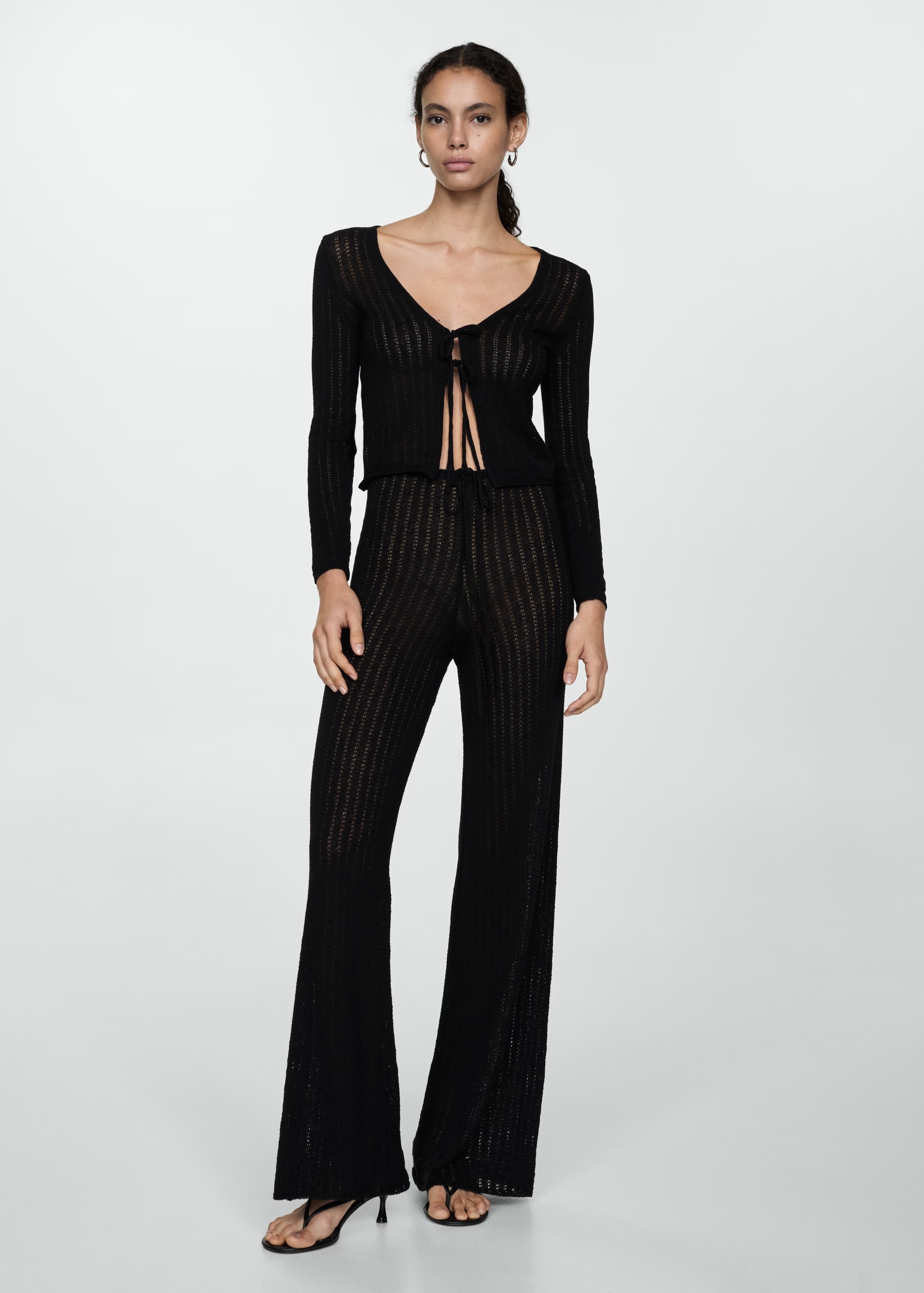 Custom Black Knit Tie-Front Top and Wide-Leg Pant Set