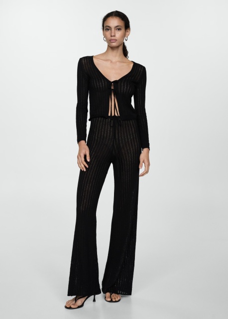 Custom Black Knit Tie-Front Top and Wide-Leg Pant Set