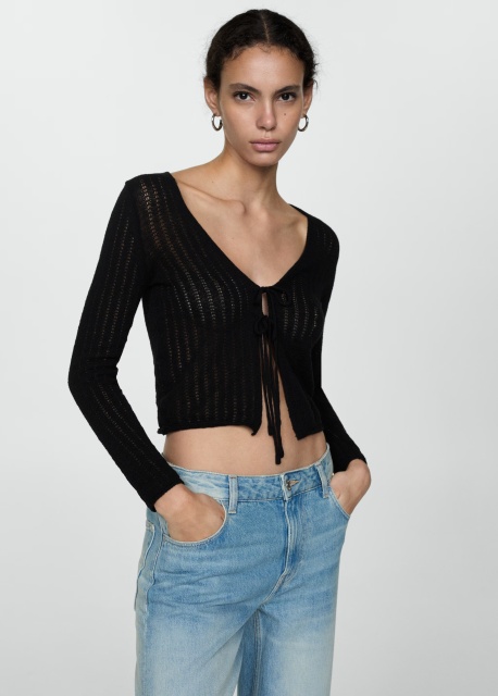 Custom Black Knit Tie-Front Top and Wide-Leg Pant Set