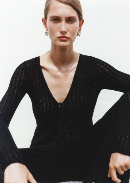 Custom Black Knit Tie-Front Top and Wide-Leg Pant Set