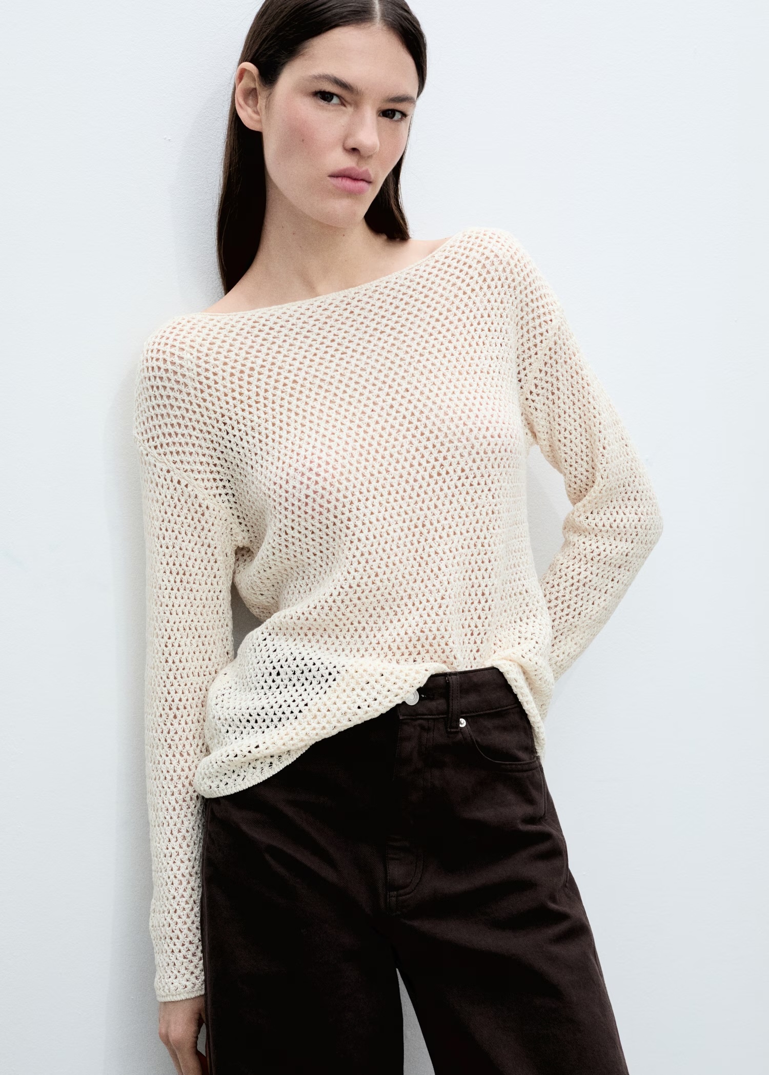 Wholesale Cream Open-Knit Boatneck Sweater
