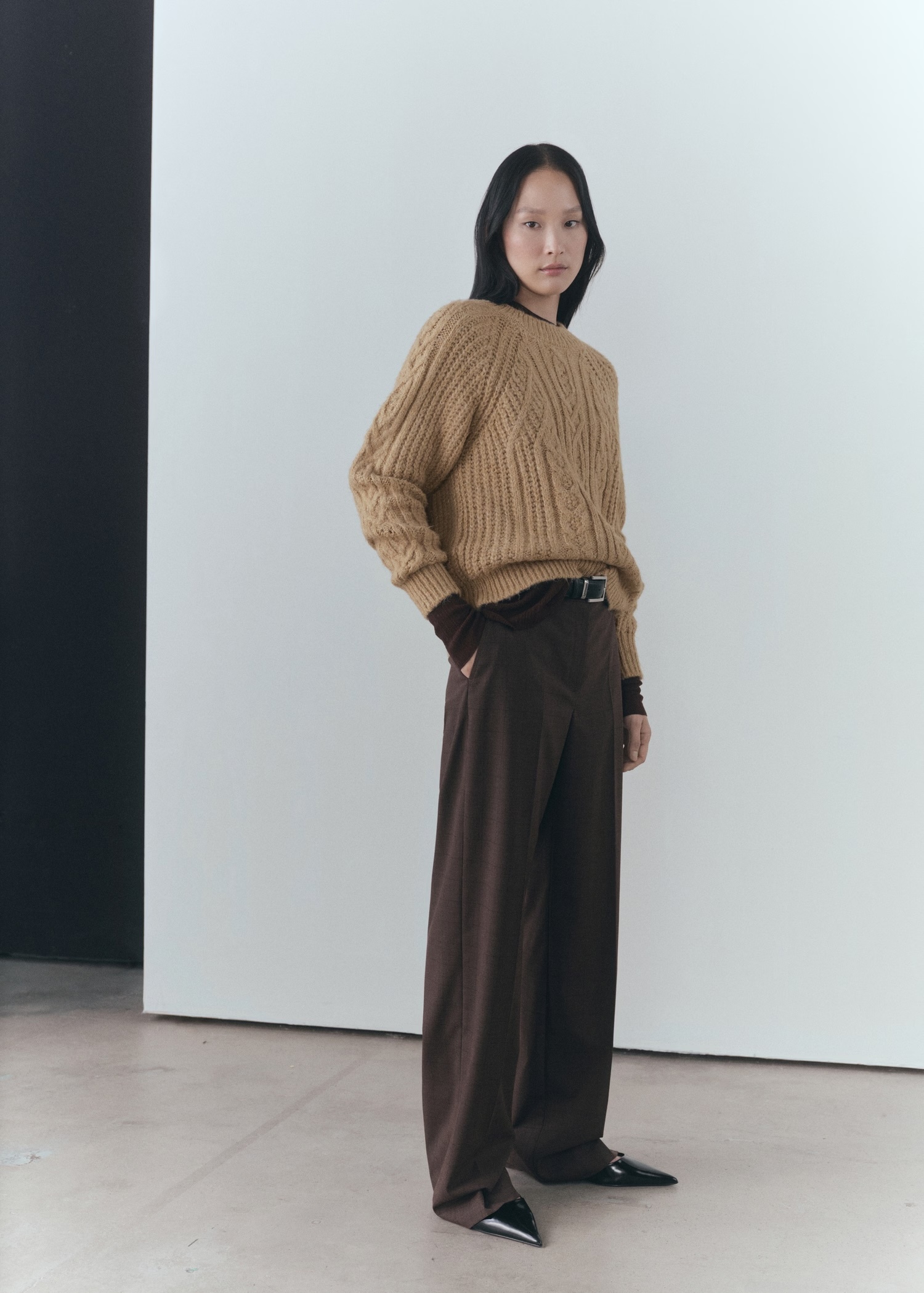 Manufacturer Beige Cable Knit Sweater with Ribbed Detailing