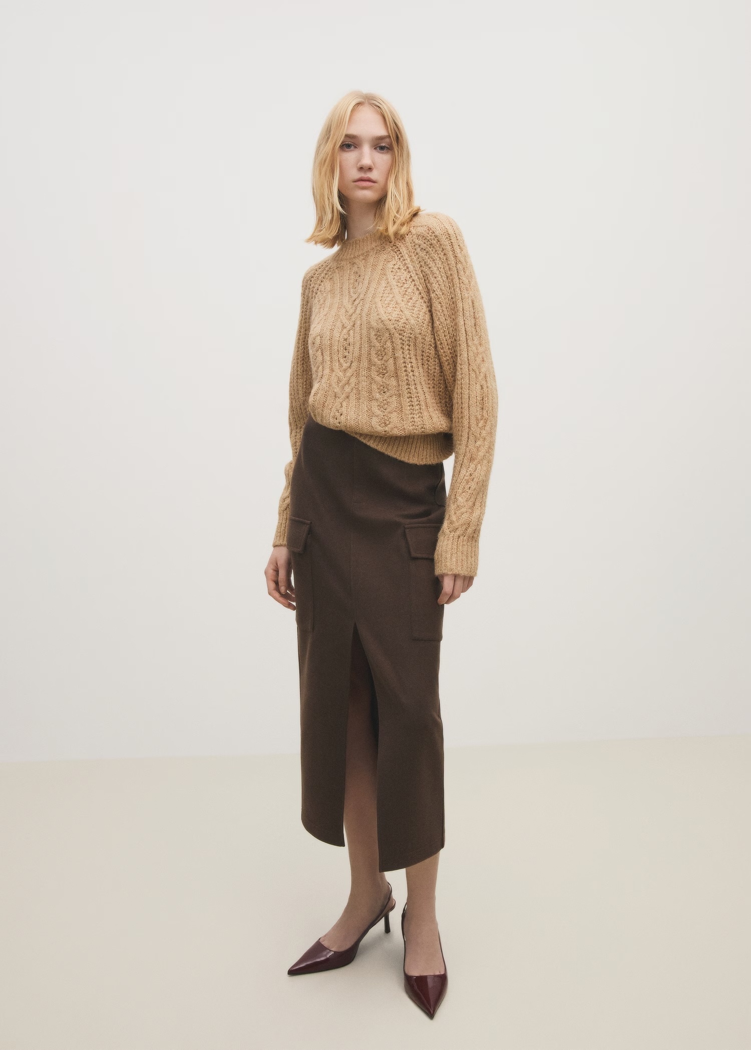 Manufacturer Beige Cable Knit Sweater with Ribbed Detailing