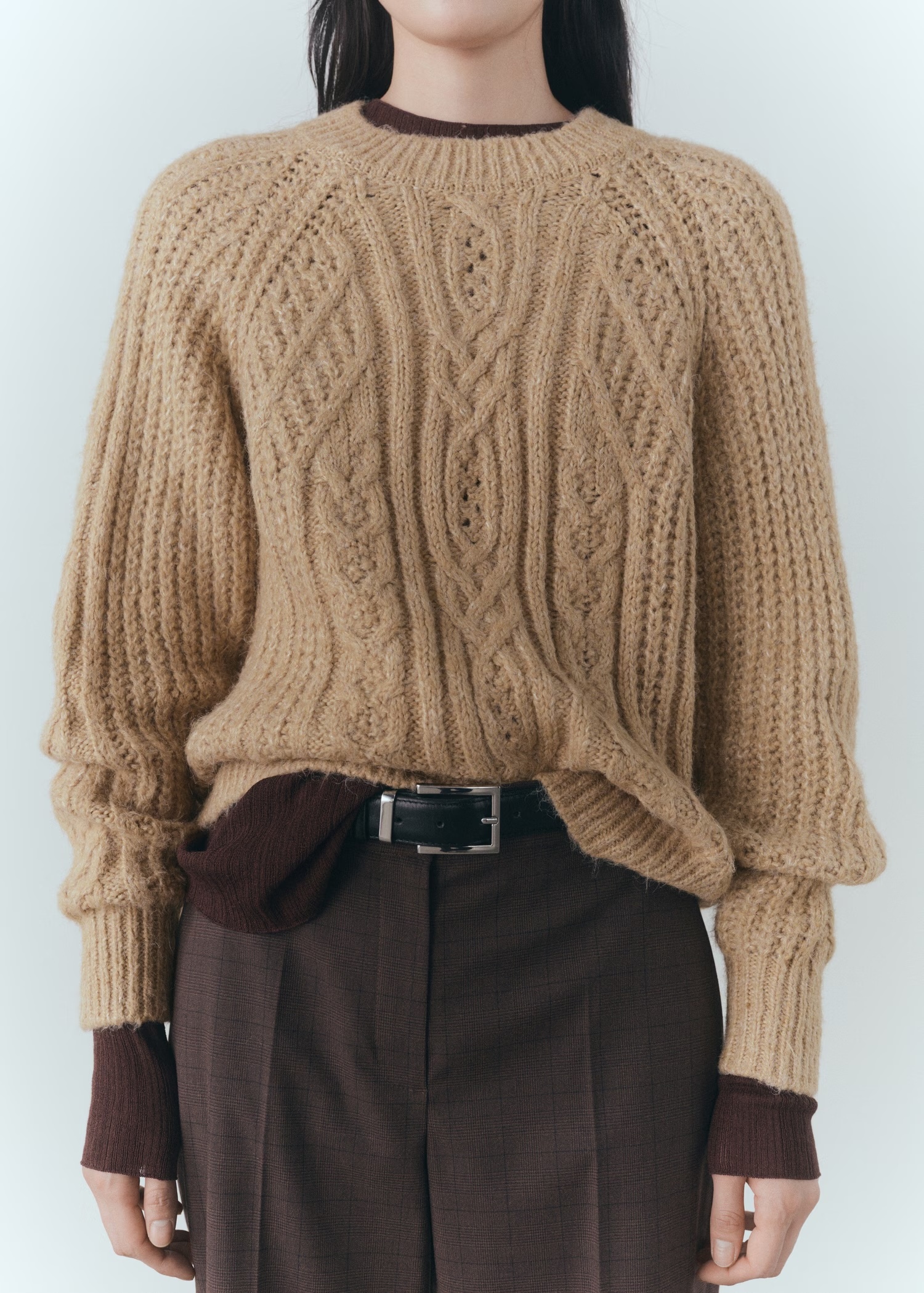 Manufacturer Beige Cable Knit Sweater with Ribbed Detailing