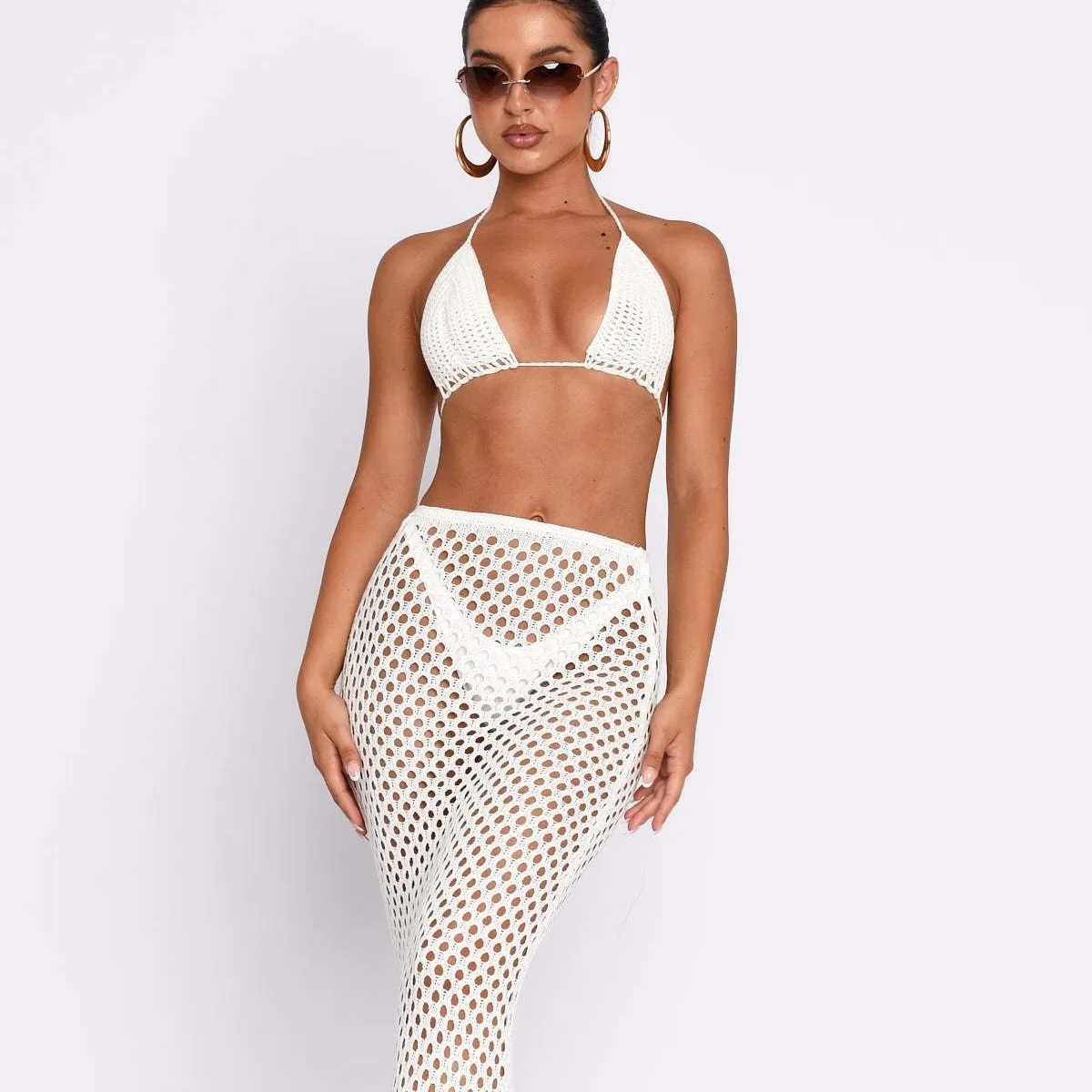 Personalized White Crochet Bikini Set with Mesh Skirt – Customizable, Wholesale, Bulk Orders | Jubaodi