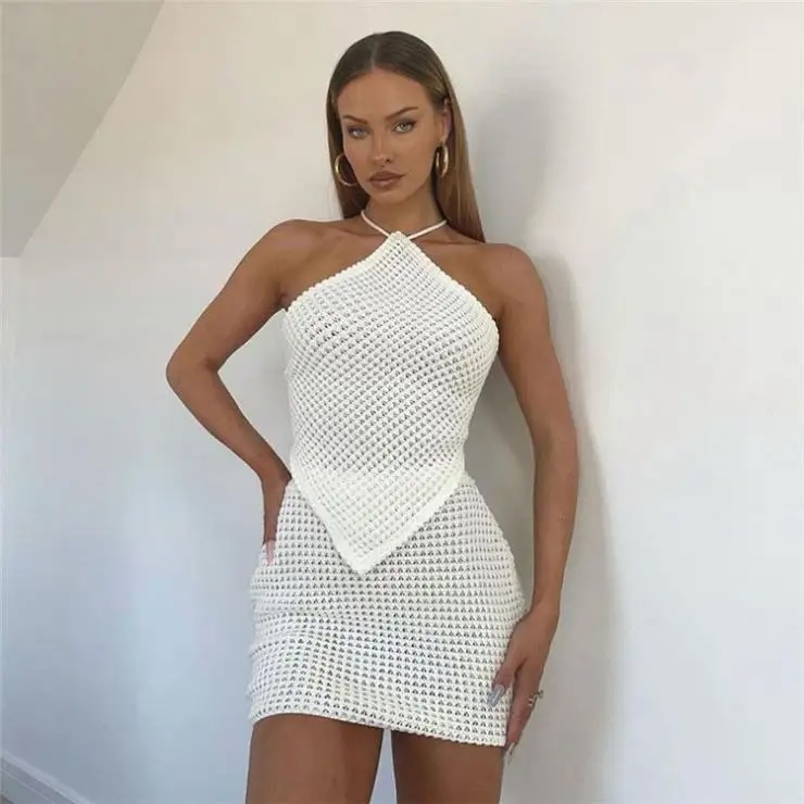 Tailor-Made White Crochet Halter Neck Mini Dress – Wholesale, Customizable, Bulk Orders | Jubaodi