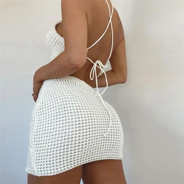 Tailor-Made White Crochet Halter Neck Mini Dress – Wholesale, Customizable, Bulk Orders | Jubaodi