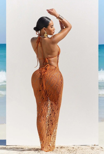 Custom Design Beige Crochet Open-Back Maxi Dress – Wholesale, Bulk Orders, Custom Beachwear Manufacturing | Jubaodi