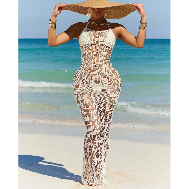 Custom Design Beige Crochet Open-Back Maxi Dress – Wholesale, Bulk Orders, Custom Beachwear Manufacturing | Jubaodi