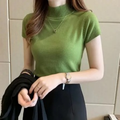 OEM Available Women's Green Knit Short-Sleeve Top – Customizable, Wholesale, Bulk Orders | Jubaodi