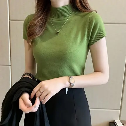 OEM Available Women's Green Knit Short-Sleeve Top – Customizable, Wholesale, Bulk Orders | Jubaodi
