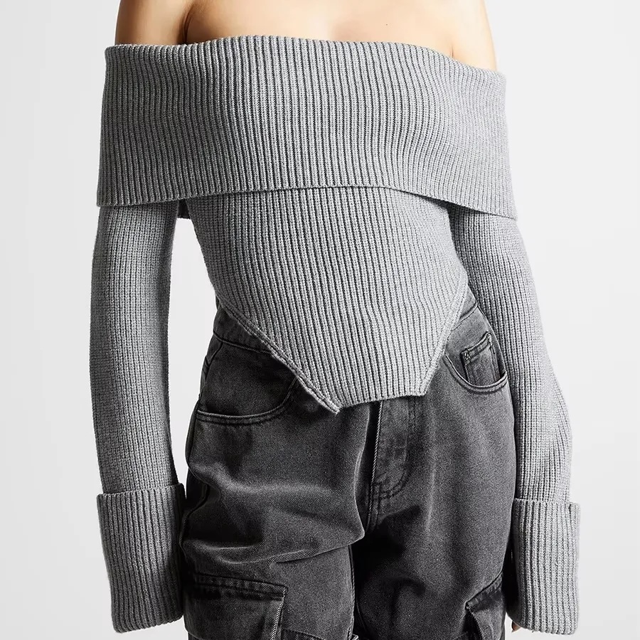 Wholesaler Women's Off-Shoulder Ribbed Grey Top – Customizable, Wholesale, Bulk Orders | Jubaodi