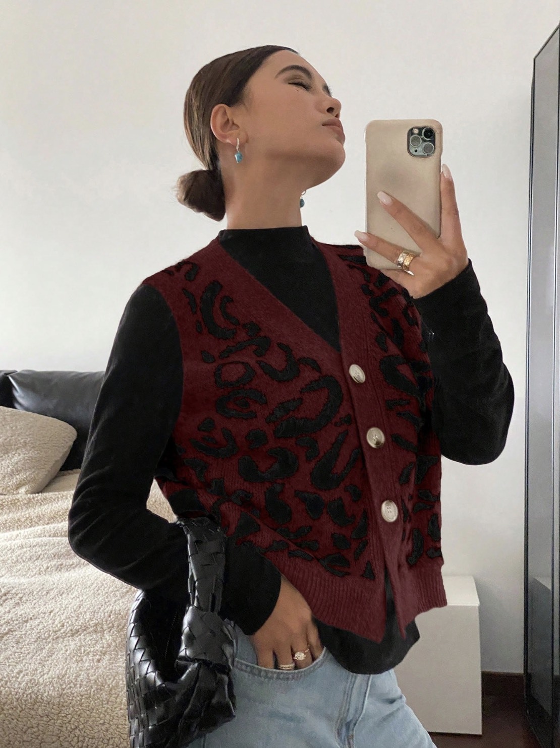 Personalized Women's Burgundy Leopard Print Knit Vest – Customizable, Wholesale Orders, Bulk Manufacturing | Jubaodi