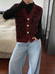 Personalized Women's Burgundy Leopard Print Knit Vest – Customizable, Wholesale Orders, Bulk Manufacturing | Jubaodi