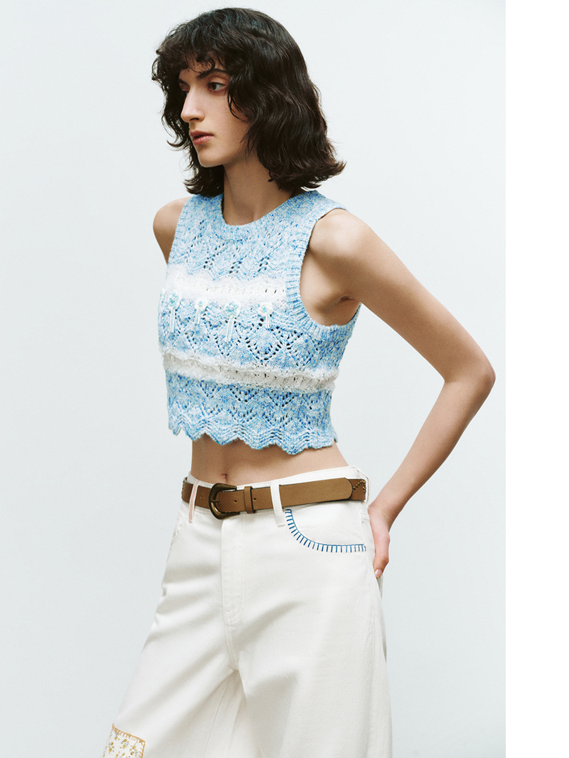 Custom Striped Crocheted Crop Floral Beaded Textured Vest – Wholesale B2B Manufacturing & ODM Services