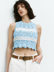 Custom Striped Crocheted Crop Floral Beaded Textured Vest – Wholesale B2B Manufacturing & ODM Services
