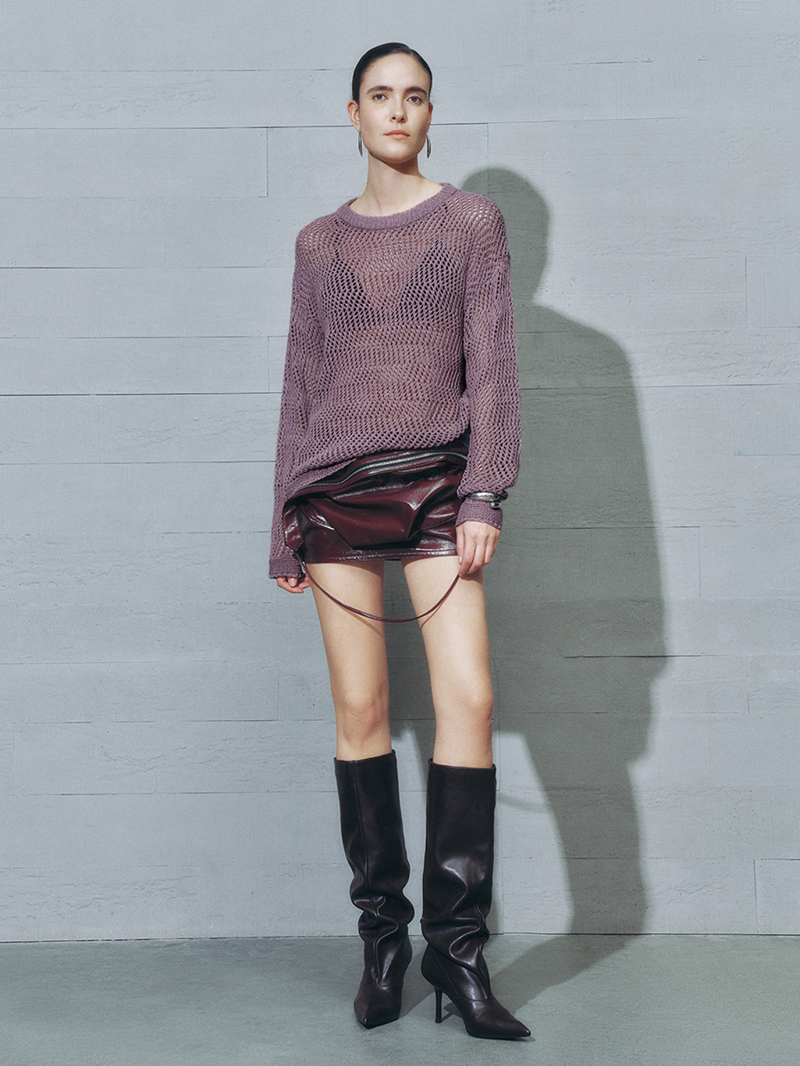 Custom Women’s Purple Crocheted Textured Hollow Crew Neck Sweater – Wholesale & B2B Manufacturing
