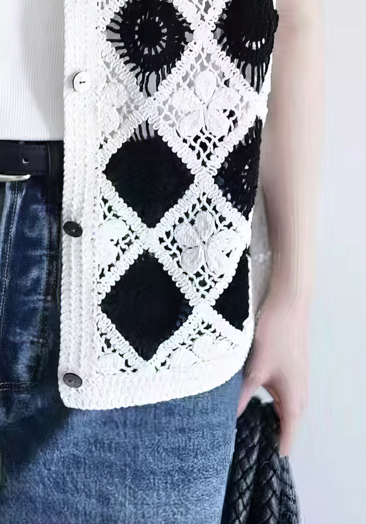 Custom Elegant Black and White Crochet Knit Vest for B2B