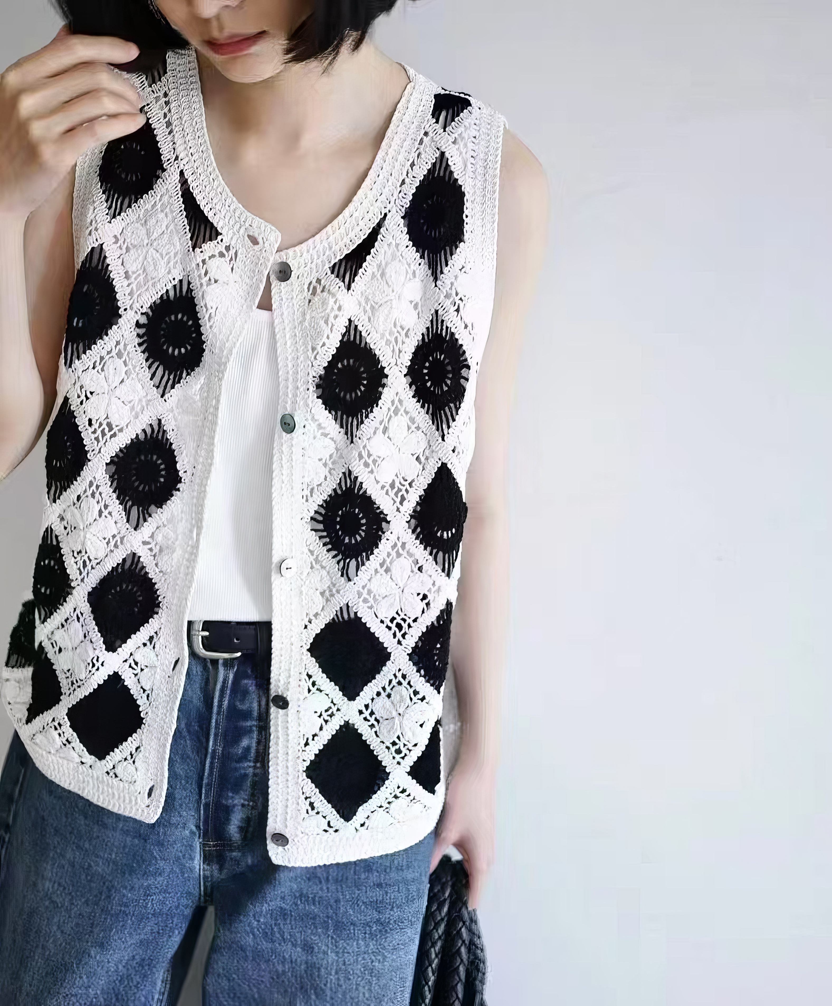 Custom Elegant Black and White Crochet Knit Vest for B2B