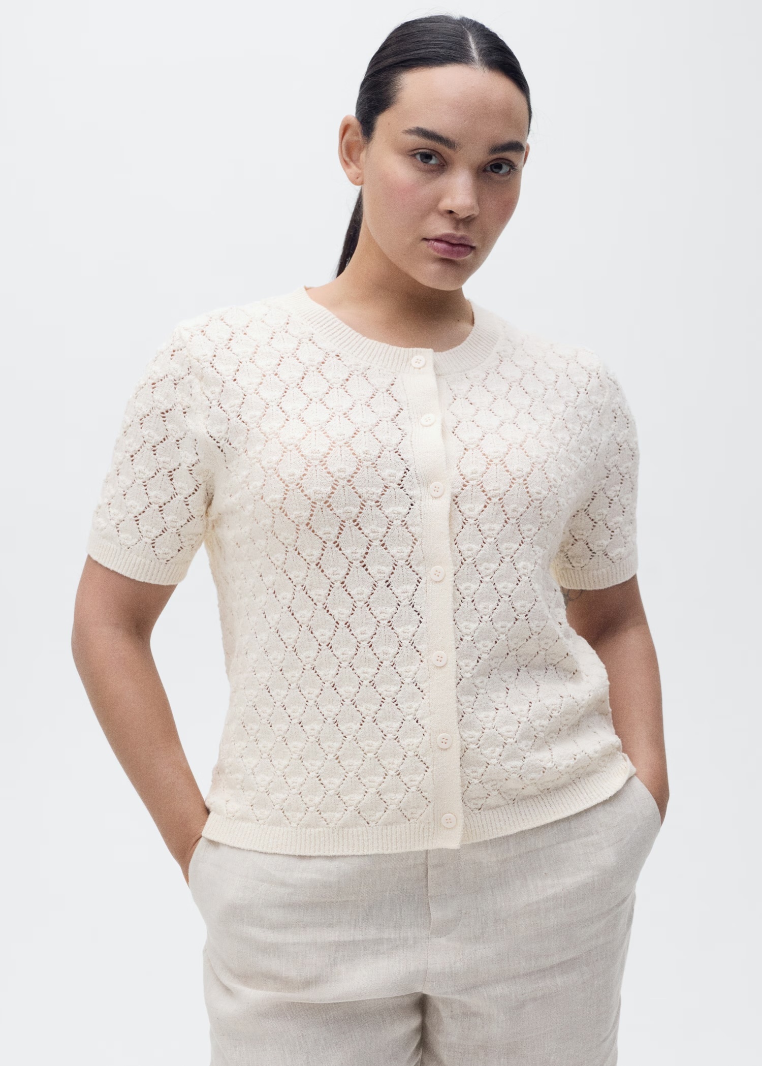 Wholesale Custom Women's Cream Lace Knit Crochet Cardigan – Elegant and Versatile for B2B