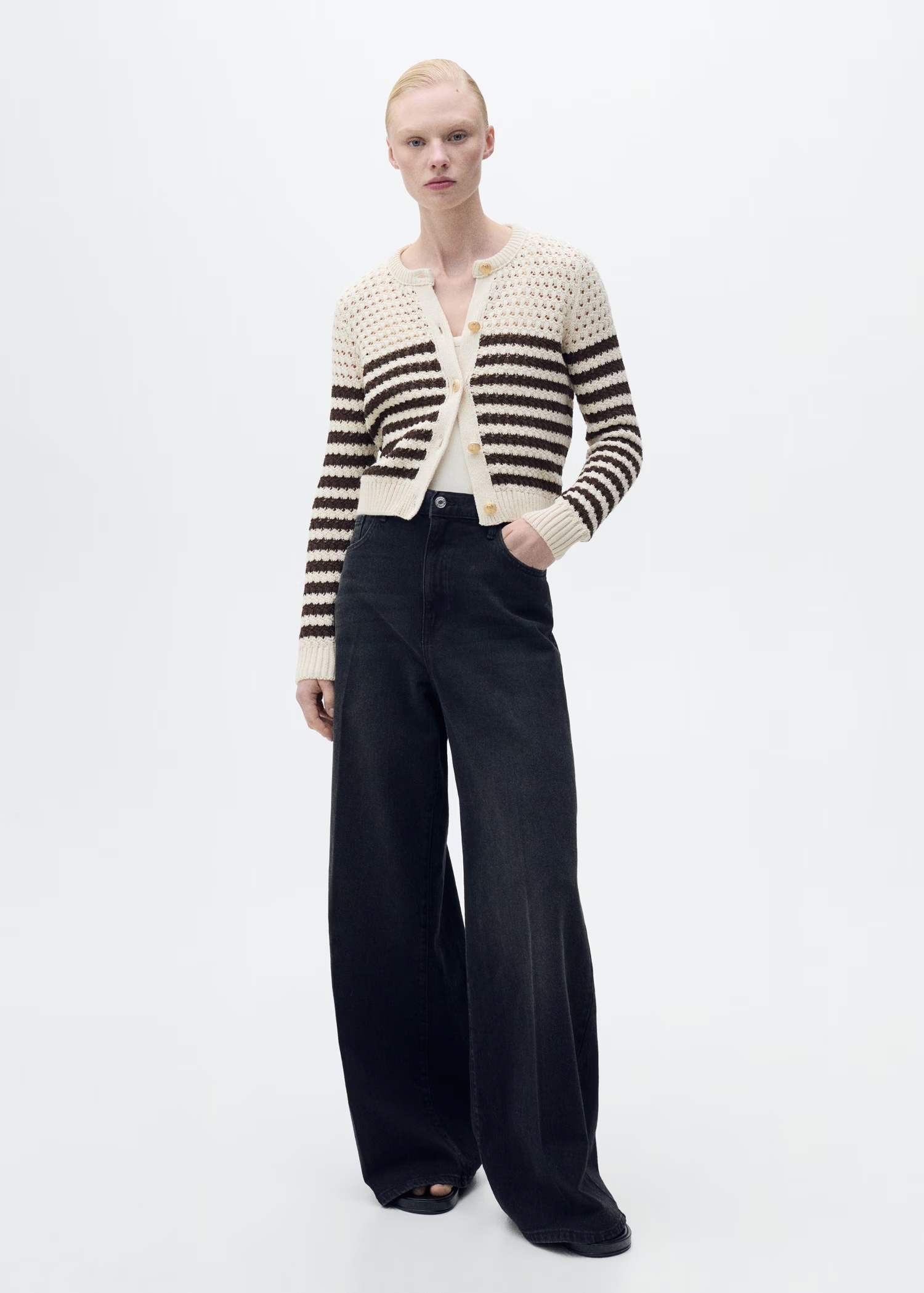Wholesale Custom Women's Striped Knit Crochet Cardigan in Cream and Brown – Stylish and Comfortable for B2B