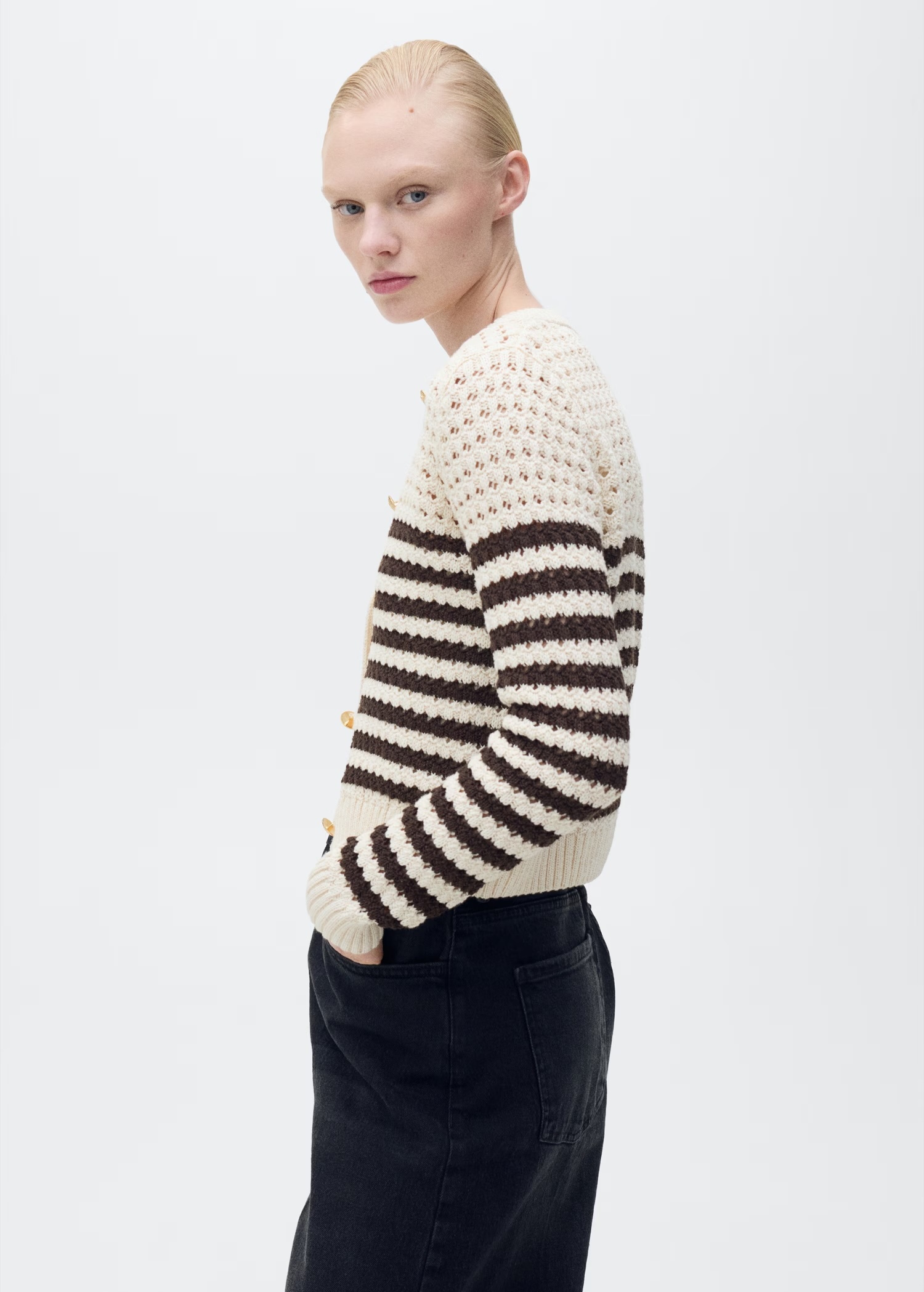 Wholesale Custom Women's Striped Knit Crochet Cardigan in Cream and Brown – Stylish and Comfortable for B2B