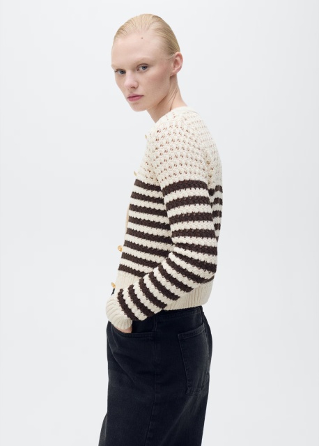 Wholesale Custom Women's Striped Knit Crochet Cardigan in Cream and Brown – Stylish and Comfortable for B2B