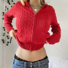 Wholesale Cropped Red Cable Knit Zip-Up Hoodie | Customizable & Bulk Orders | Jubaodi