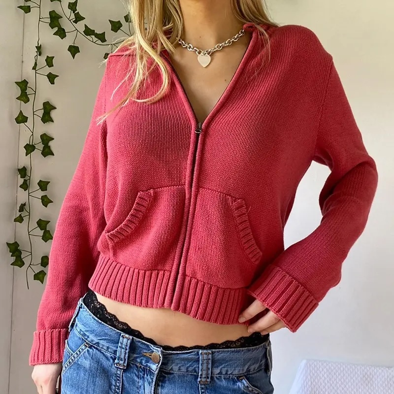 Wholesale Cropped Red Cable Knit Zip-Up Hoodie | Customizable & Bulk Orders | Jubaodi