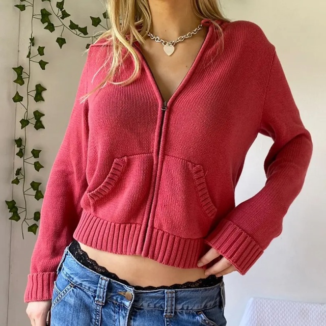 Wholesale Cropped Red Cable Knit Zip-Up Hoodie | Customizable & Bulk Orders | Jubaodi