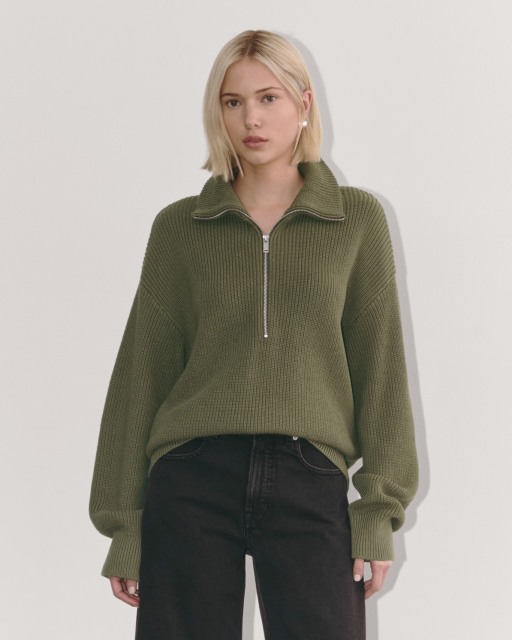 Factory Direct Zip-Up Ribbed Knit Sweater in Olive Green | Custom Wholesale Manufacturer | Jubaodi