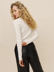 Custom Design Ribbed White Knit Top with V-Neck and Cut-Out Detail - Wholesale & OEM Customization Available
