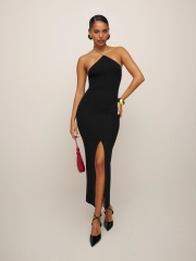 Wholesale Classic Black Ribbed One-Shoulder Midi Dress – Customizable Apparel for Fashion Brands
