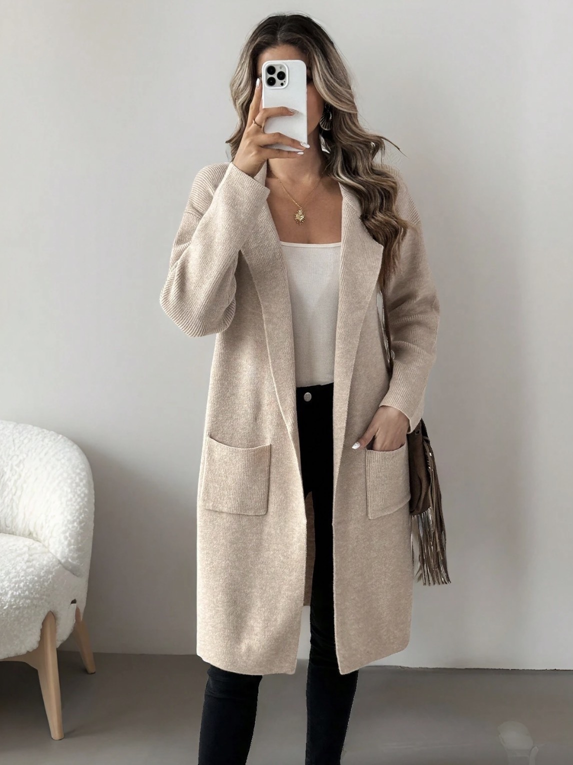 Custom Beige Knit Long Cardigan with Pockets | Wholesale & OEM Knitwear by Jubaodi