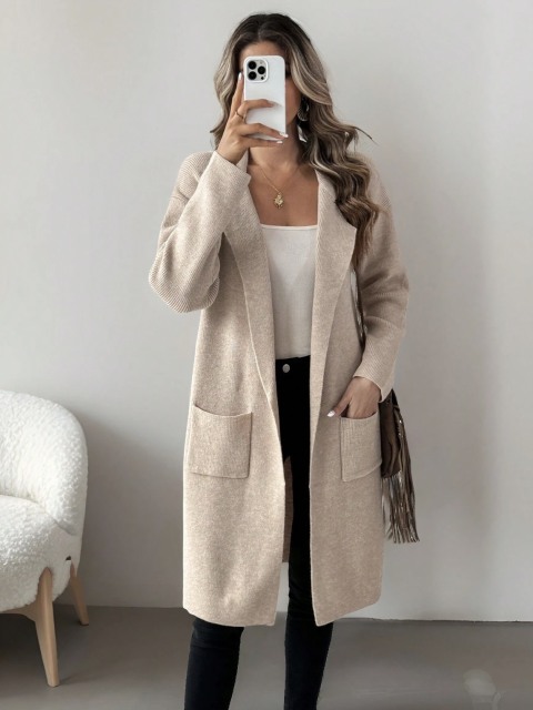 Custom Beige Knit Long Cardigan with Pockets | Wholesale & OEM Knitwear by Jubaodi