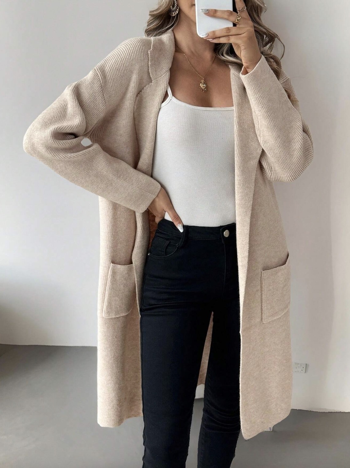 Custom Beige Knit Long Cardigan with Pockets | Wholesale & OEM Knitwear by Jubaodi