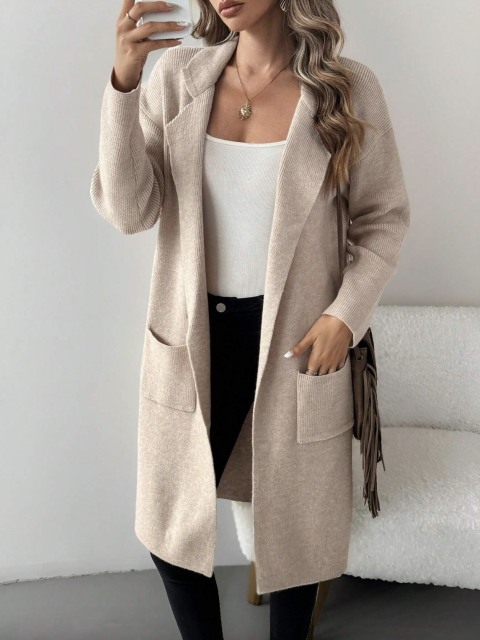 Custom Beige Knit Long Cardigan with Pockets | Wholesale & OEM Knitwear by Jubaodi