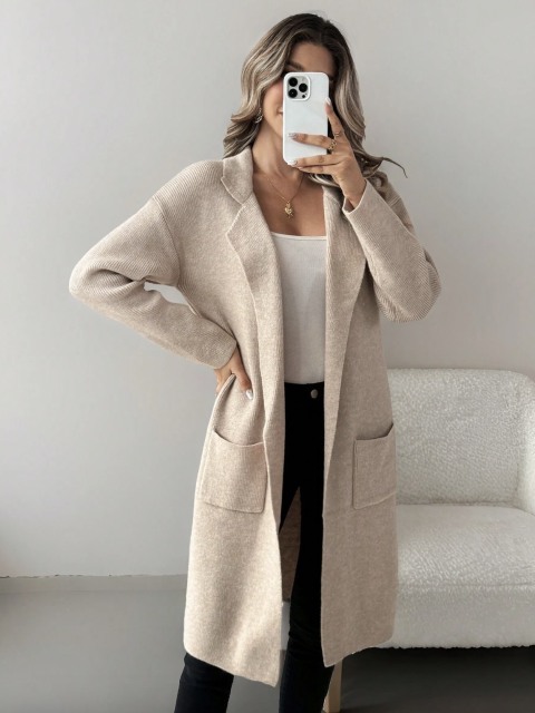 Custom Beige Knit Long Cardigan with Pockets | Wholesale & OEM Knitwear by Jubaodi
