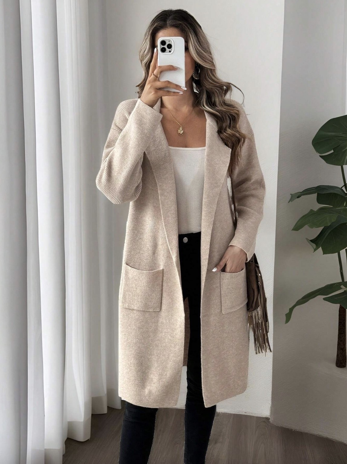 Custom Beige Knit Long Cardigan with Pockets | Wholesale & OEM Knitwear by Jubaodi