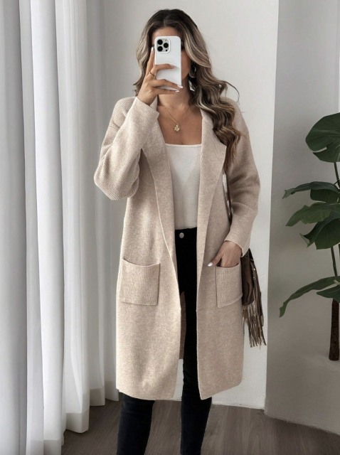 Custom Beige Knit Long Cardigan with Pockets | Wholesale & OEM Knitwear by Jubaodi