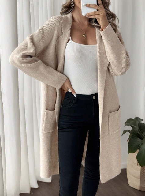 Custom Beige Knit Long Cardigan with Pockets | Wholesale & OEM Knitwear by Jubaodi