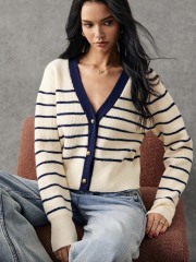 Custom Navy and White Striped Button-Down Cardigan | Wholesale & OEM Knitwear by Jubaodi