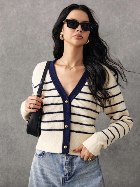 Custom Navy and White Striped Button-Down Cardigan | Wholesale & OEM Knitwear by Jubaodi